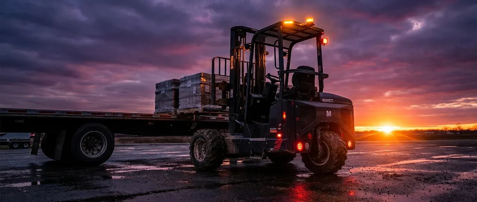 Moffett truck-mounted forklift unloading at a delivery site
